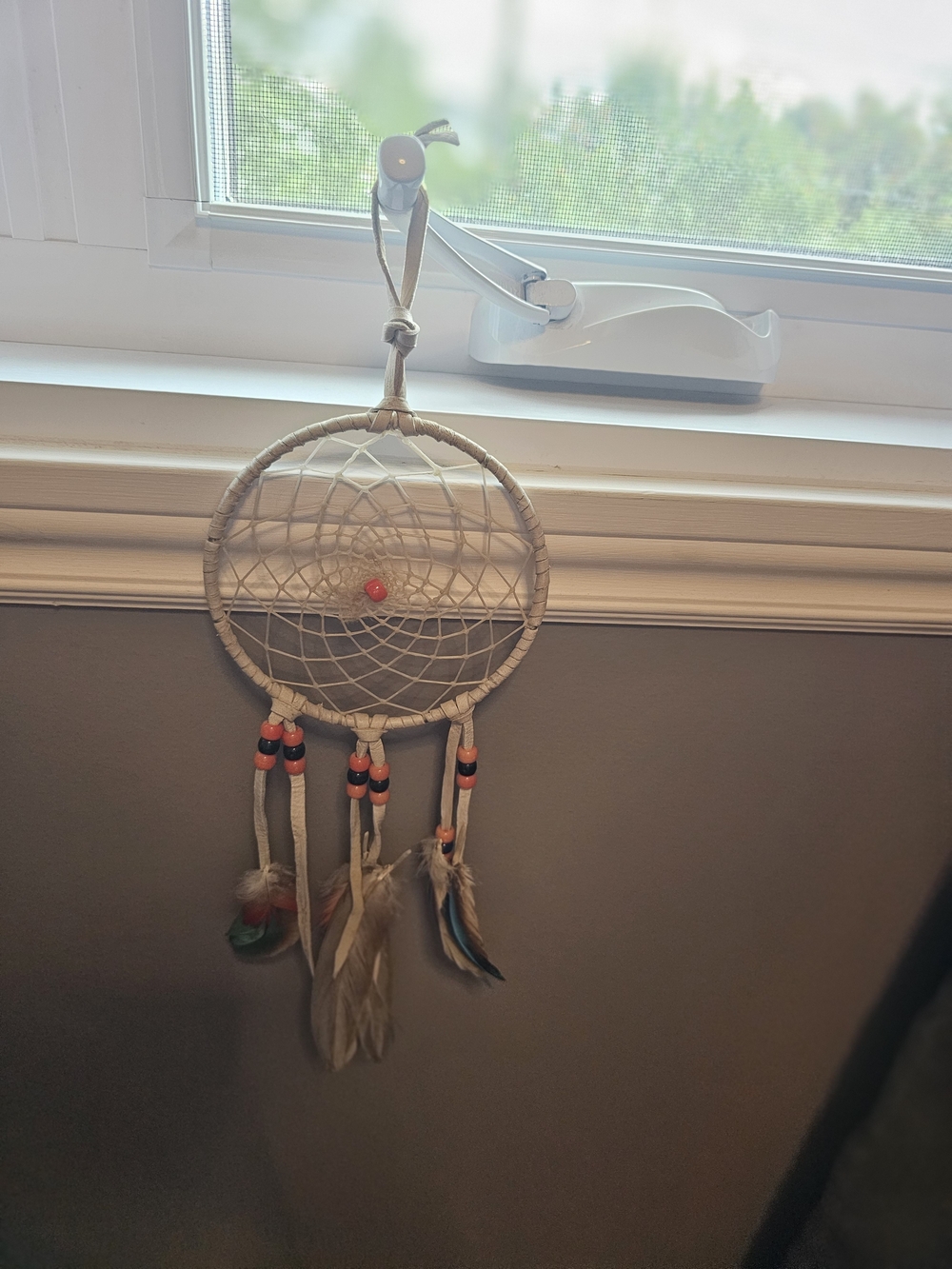 Handmade Dreamcatcher with Feathers and Beads - Neutral and Coral Accents